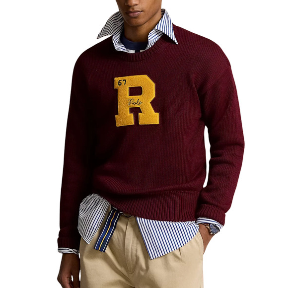 NWT Polo Ralph Lauren Burgundy Letterman “R” Varsity Crewneck Sweater Mens L - Picture 1 of 3